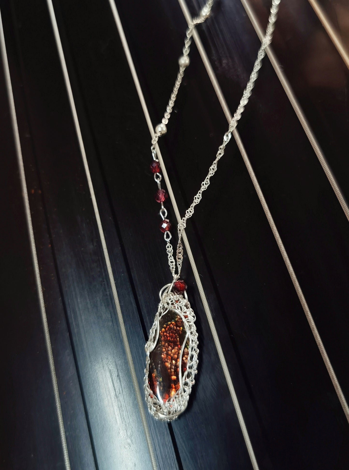 Silver Thread Woven Speckled Stone Necklace